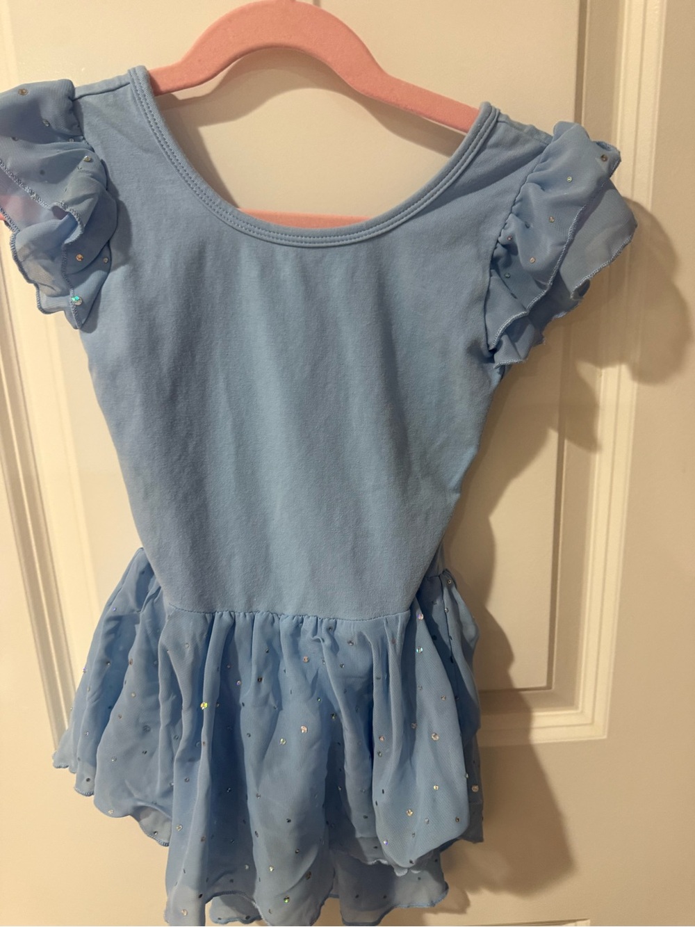 🩰 Girls Light Blue Ballet Leotard with Skirt Rhinestone Detail Ruffle Shoulders
